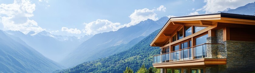 Luxury wooden chalet with glass balcony situated in scenic mountain landscape under a bright blue sky with clouds.