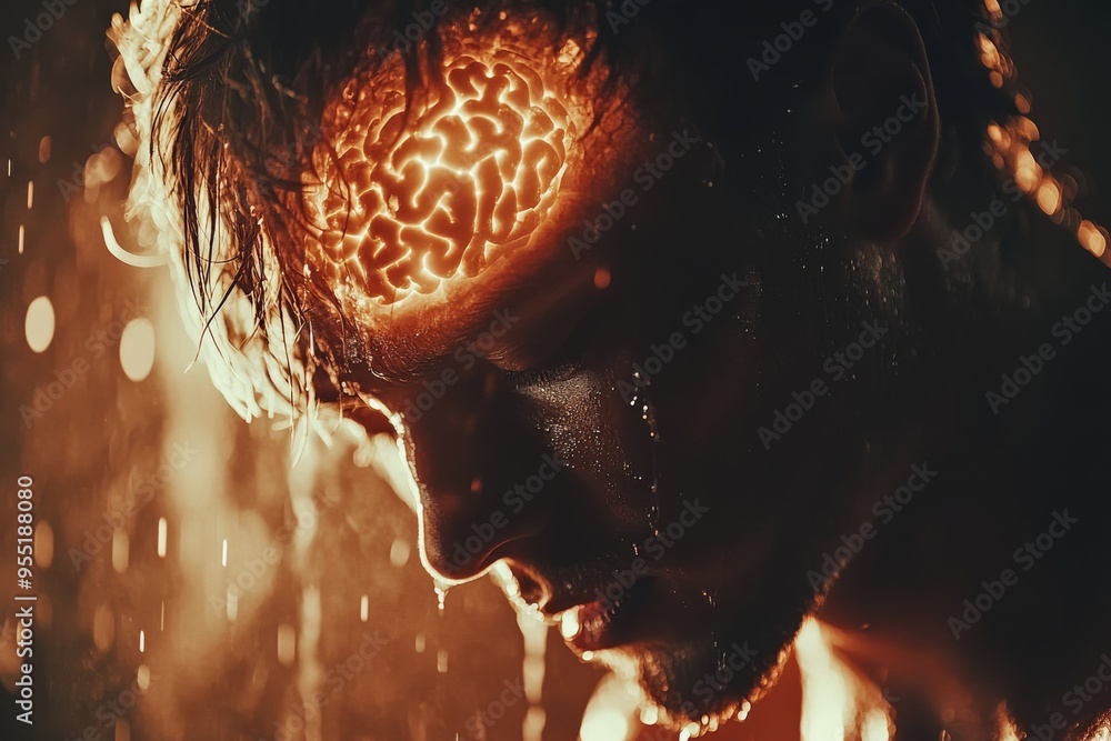 Poster brainwave resonance psyche close up of a mans forehead with neural circuits illuminated representing