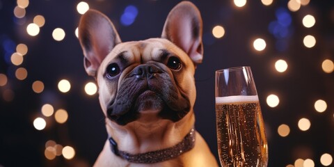 Sophisticated Frenchie Soir&eacute;e: AI-Generated French Bulldog Toasting New Year's Eve with Champagne and Party Hat. Whimsical Canine Celebration for 2025-2027 NFT Art, Fashion Design, and Festive Marketi