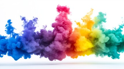 A series of colorful smoke bombs releasing vibrant smoke in different hues, creating a spectrum of colors in the air with a clean, white background.