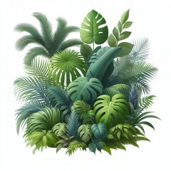 Fototapeta premium Lush green tropical plants bush (monstera, palm, rubber plant, pine and fern), cut out, прозрачный фон 