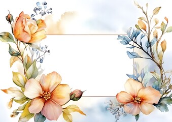 Watercolor floral frame with orange roses and blue leaves. Template for quotes, and greetings cards