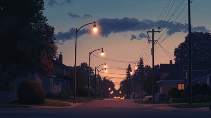A series of streetlights lining a quiet suburban road, with the warm light creating a peaceful and inviting atmosphere in the evening.