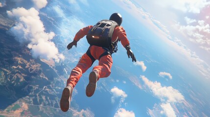 Person skydiving from high altitude, freefalling through the sky with scenic clouds and vast landscape below.