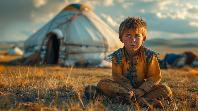 little Mongolian boy in the steppes of Mongolia outside the yur