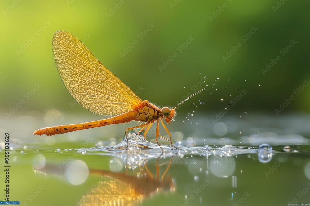 Canvas Prints A Golden Dragonfly Landing on Water, Splashing Droplets