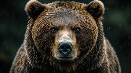 Powerful close-up of a fierce grizzly bear, its rugged features and piercing gaze conveying raw, untamed strength