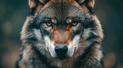Fototapeta premium Striking close-up of a fierce wolf, its piercing eyes and rugged features conveying a sense of primal wildness