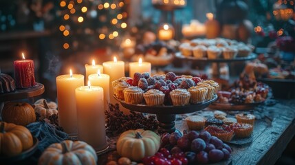 Flickering candles casting a warm, amber glow on a table of Halloween-themed sweets and treats