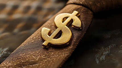 A golden dollar sign sits atop a brown patterned tie.