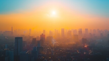 Fototapeta premium Stunning Cityscape at Dusk With Hazy Skyline and Setting Sun Over Urban Landscape