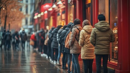 Long line of people outside store on rainy day, urban street photography