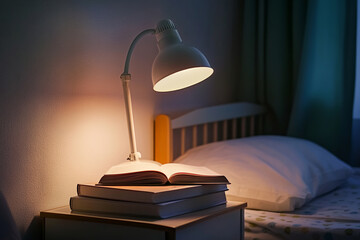 lamp shining on books on bedroom side table 