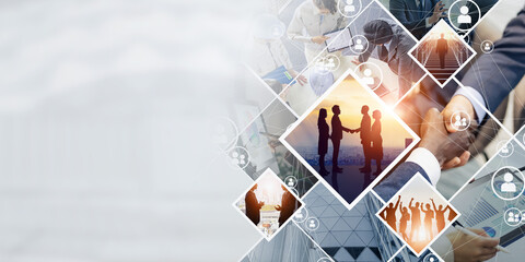 Collage of various business scenes. Management strategy. Marketing and research. Human resources....