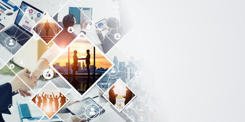 Collage of various business scenes. Management strategy. Marketing and research. Human resources....