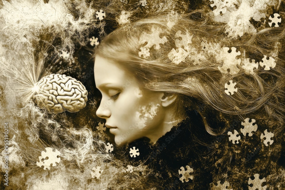 Poster neural collaboration psyche woman with a brain emerging from a snowy landscape representing the inte