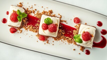 A dessert with a sauce and crumbs on served on a long plate with a raspberry sauce. with copy space