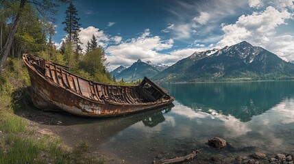 Rusty Shipwreck on the Shore of an Alpine Lake in British Columbia. AI generated illustration