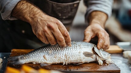 Preparing a Fresh Fish on a Cutting Board