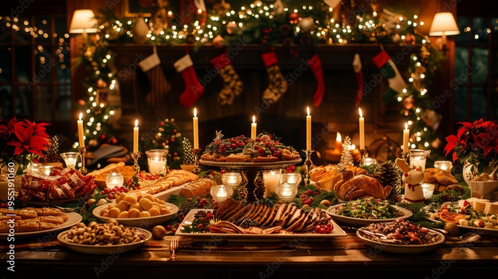 Poster a table is set with a variety of food and candles, creating a warm