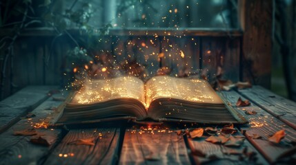 Open Book with Glowing Sparks and Autumn Leaves