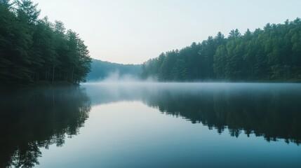 Obraz premium Misty Morning Lake with Forest Reflection