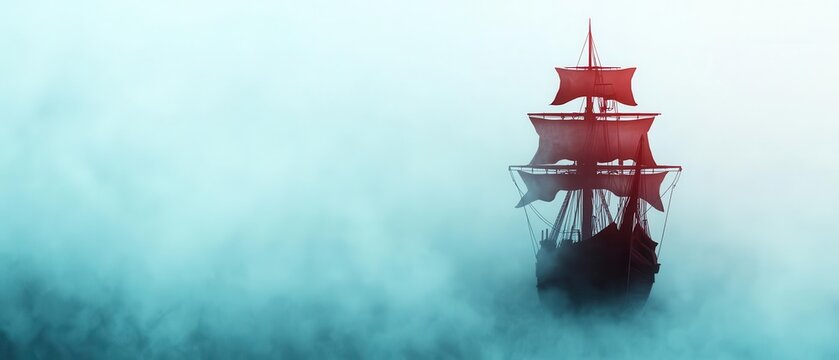 Spectral pirate ship emerging from fog, cursed sea, eerie atmosphere, Watercolor style