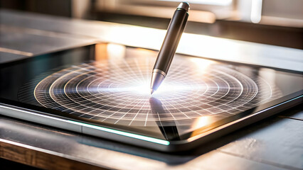 Obraz premium 3D Digital Pen Hovering Above Holographic Drawing Pad Concept on White Surface with Copy Space
