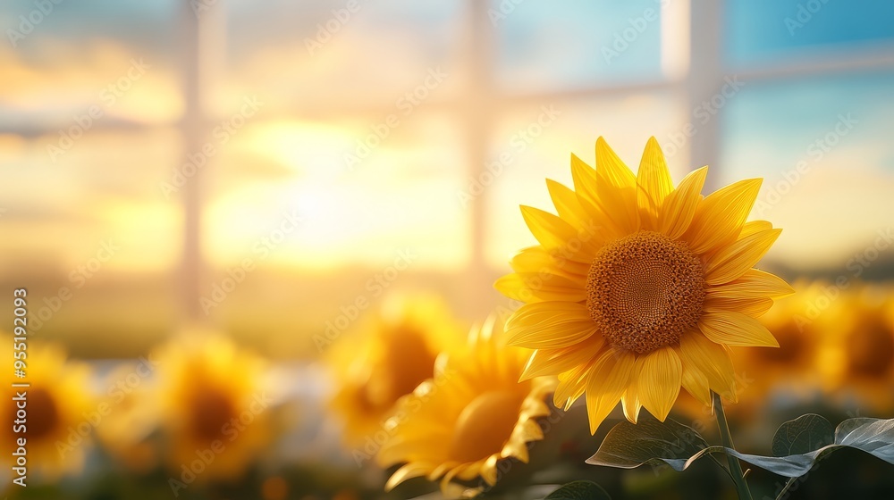 Poster Sunflower Field at Sunset with Window View