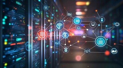 Obraz premium ICT - information and telecommunication technology and IOT - internet of things concepts. Nice diagrams with icons on server room backgrounds