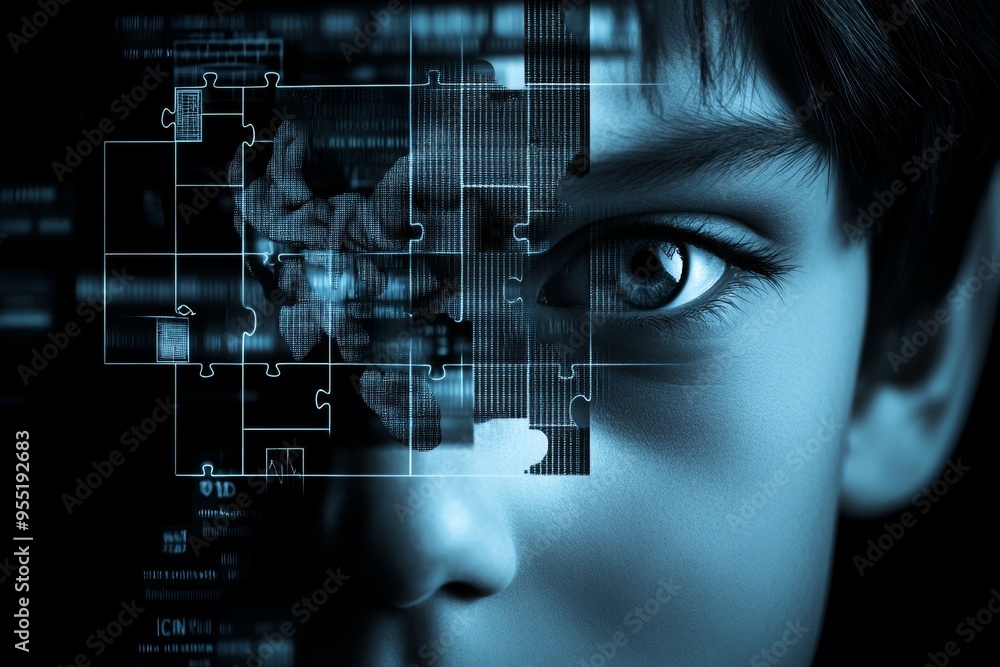 Poster cognitive connectivity head child’s half face with digital circuitry overlay representing the integr