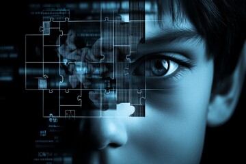 Cognitive connectivity Head Child’s half face with digital circuitry overlay representing the integration of technology in education learning and future cognitive development