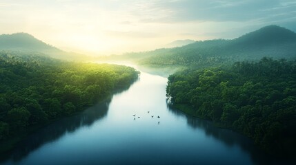 Fototapeta premium Aerial View of a Serene River Flowing Through a Lush Tropical Rainforest at Sunset