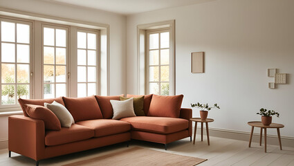 Fototapeta premium Contemporary living room interior with plush sofa, stylish armchair, and elegant floor lamp, perfect for modern home living