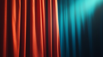 Fototapeta premium Vibrant red and blue curtains side by side with dramatic lighting creating a stunning visual effect.
