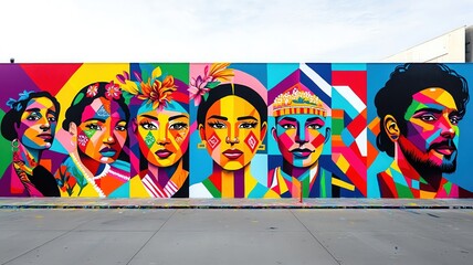 Obraz premium Żywy mural przedstawiający ikony kultury hiszpańskiej, styl sztuki ulicznej, miejskie otoczenie, świętowanie Miesiąca Dziedzictwa Hiszpańskiego, kulturę hiszpańską, dumę miejską