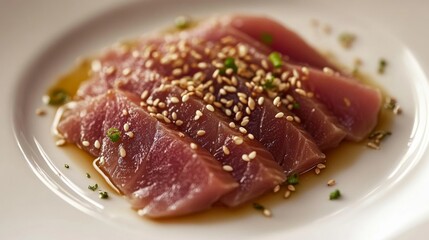 A plate of food with a piece of thinly sliced tuna and some sesame seeds on top. The plate is white and the food is arranged in a visually appealing manner