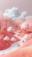 A 3d illustration of Ka Love's cartoon train driving through a valley full of cherry blossoms
