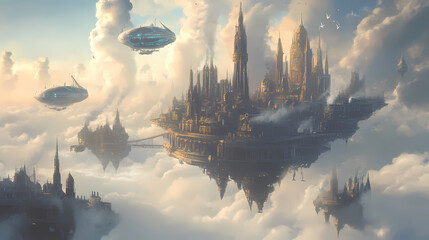 An enchanting floating city amidst clouds with airships and futuristic architecture. Futuristic City. Illustration