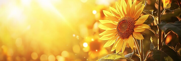 Fototapeta premium Sunflower in the Sun with Golden Yellow Color and Blurred Background. AI generated illustration.