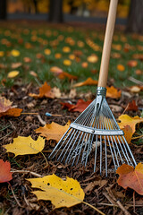 Fall leaves with rake on a cleaning tool. Ai generative