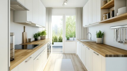 A sleek, modern Nordic kitchen with clean lines, white cabinetry, and wooden countertops, featuring simple decor and plenty of natural light.