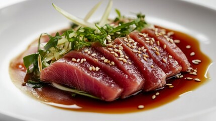 A plate of food with a piece of thinly sliced tuna and some sesame seeds on top. The plate is white and the food is arranged in a visually appealing manner