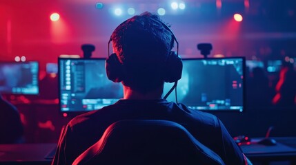 A gamer focused on his gameplay with a vibrant background, wearing headphones, illuminated by blue and red lighting in an esports arena.