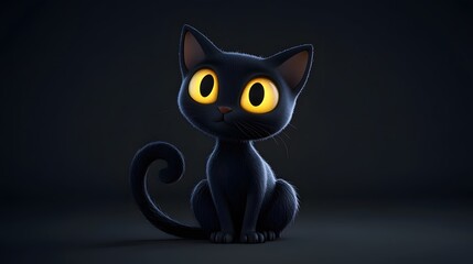 Adorable cartoon black cat with glowing yellow eyes and a curled tail, isolated on a solid dark grey background, subtle ambient lighting, 3D render with smooth fur textures and playful posture,