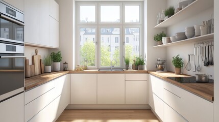 A sleek, modern Nordic kitchen with clean lines, white cabinetry, and wooden countertops, featuring simple decor and plenty of natural light.