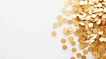 Gold coins scattered randomly on a white surface top view