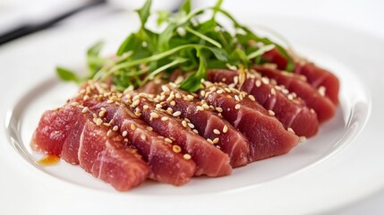A plate of food with a piece of thinly sliced tuna and some sesame seeds on top. The plate is white and the food is arranged in a visually appealing manner