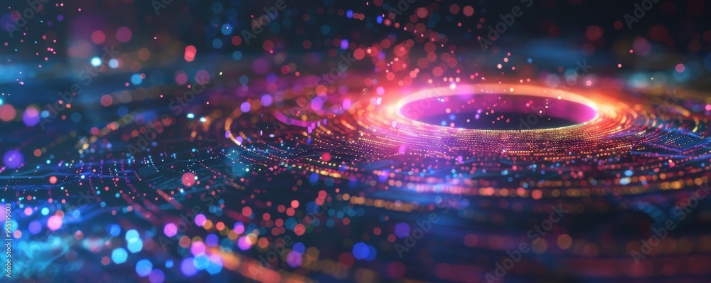 Poster vibrant digital vortex of particles and light, representing futuristic technology, data flow, and dy
