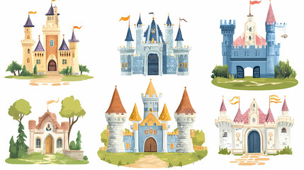Fairytale castle constructor. clip art with towers, flags, roofs, gates. architecture elements isolated on white. Castle. Illustration